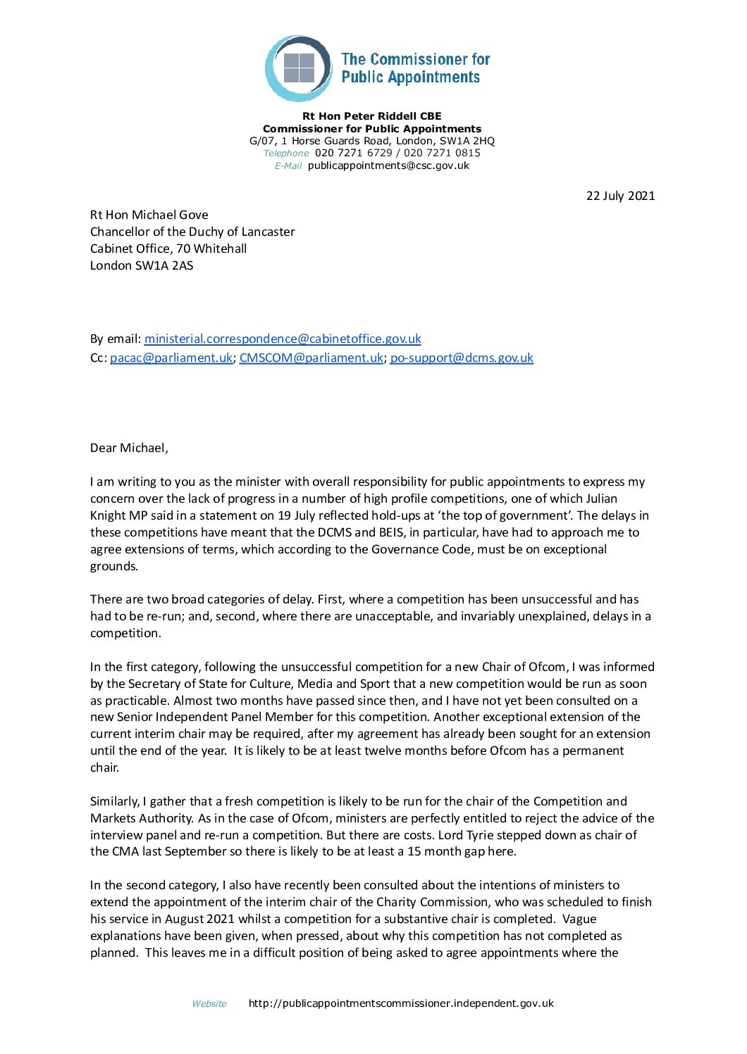 Letter to Rt Hon Michael Gove MP - Commissioner for Public Appointments